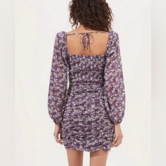 ASTR Mardi Lace Trimmed Floral Ruched Mini Dress Purple Floral Large NEW - Picture 2 of 9